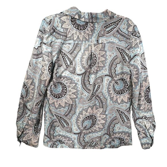 Talbots Paisley Silk Blouse Sz 8 Long Sleeve Turquoise Blue Retro V-Neck Collar - Picture 3 of 11